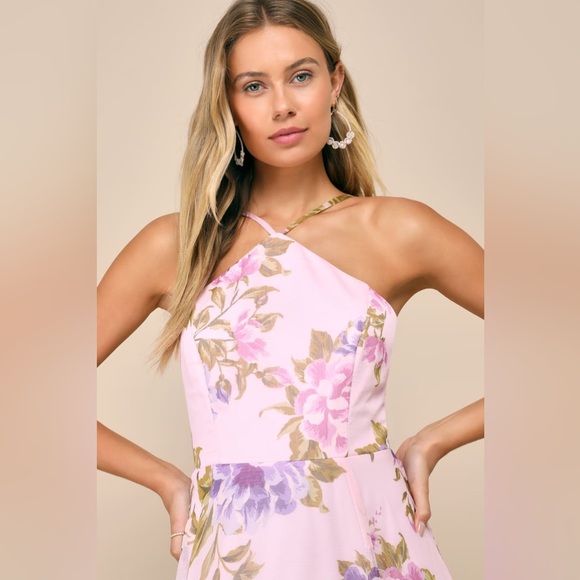 NWT Lulus Romantic Marvel Light Pink Floral Print Halter Neck Maxi Dress, Small - Picture 4 of 16
